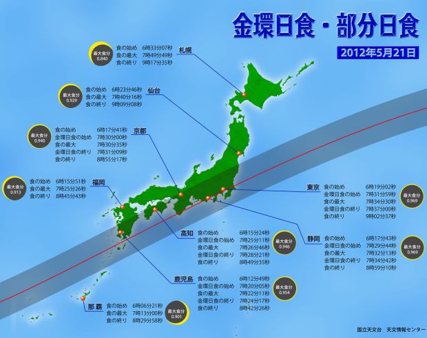 日食が起こる地域と各都市での時刻 日食が起こる地域と各都市での時刻